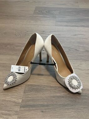 Express Ivory Pointed Toe Heels with Crystal Medallions